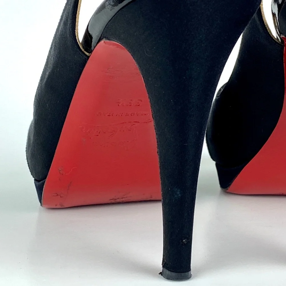 Christian Louboutin Platform Heels Very Croise Size 38.5 Black Satin Peep Toe 8 - Picture 4 of 7